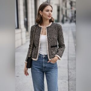 Blue Les Copains Bouclé Tweed Fringe Jacket Black Designer Blazer IT 38 (US 2/4)